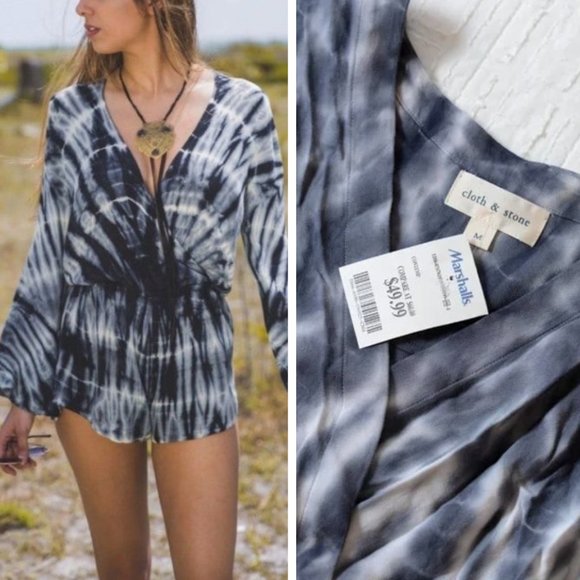 NEW Cloth & Stone Tie-Dyed Blue White Romper Medium - Picture 2 of 7